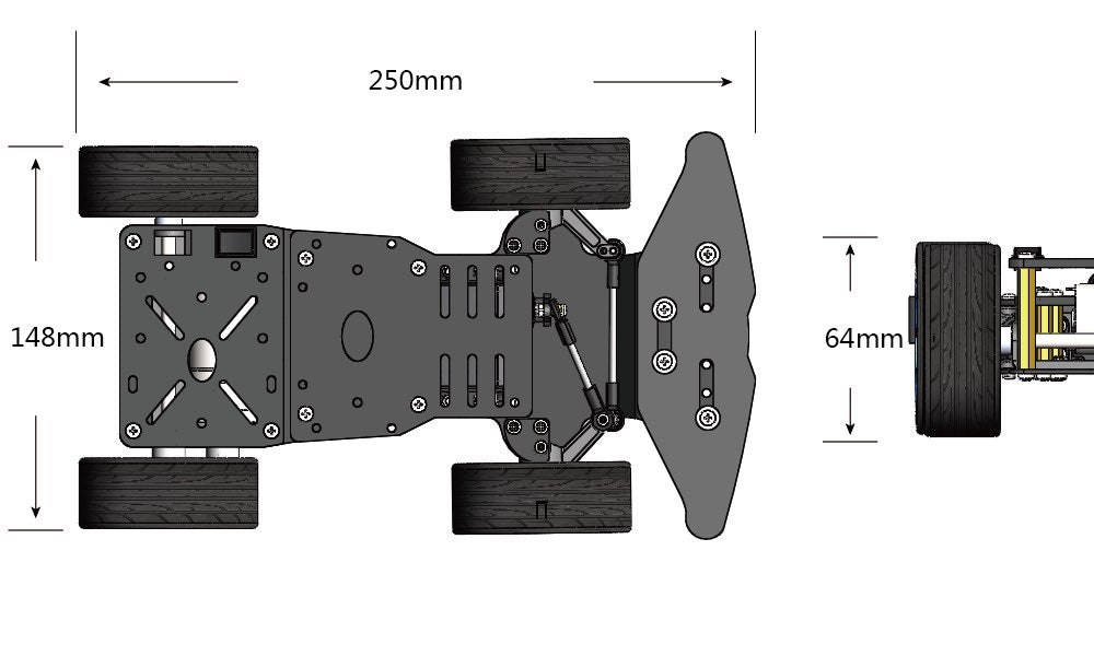 4WD chassis steered by a servo motor with motor incl. gears and servo