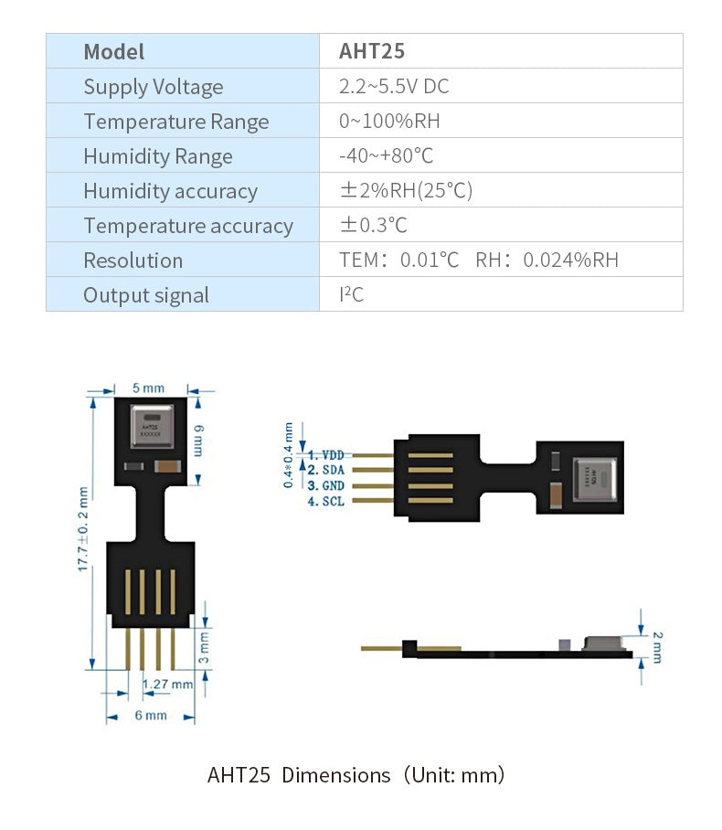 AHT25 Temperature and Humidity Sensor Module | High Accuracy ±0.3°C ±2% RH | 3.3V/5V I2C Interface