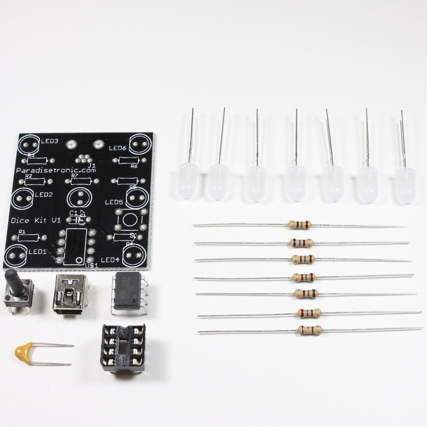 Dice Kit by Paradisetronic.com with bright diffuse LEDs and Atmel AVR Microcontroller