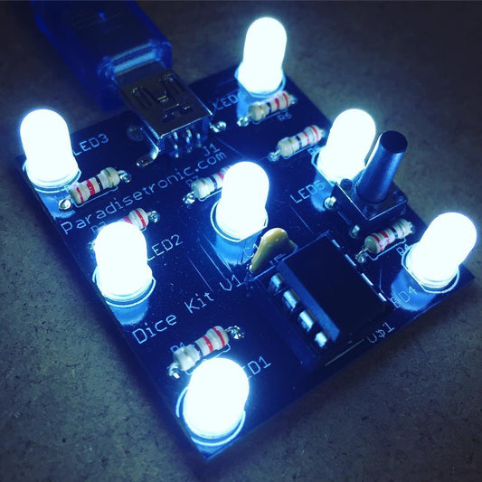 Dice Kit by Paradisetronic.com with bright diffuse LEDs and Atmel AVR Microcontroller
