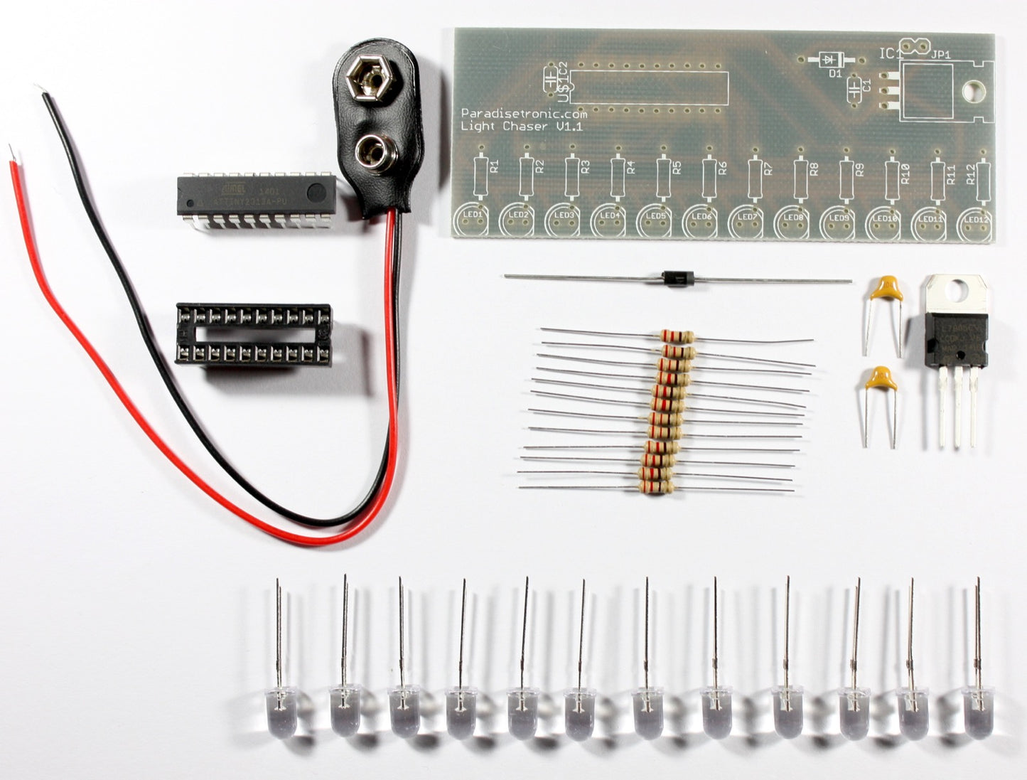 Light Chaser Kit V1.1 by Paradisetronic.com with 12 LEDs and Atmel AVR Microcontroller