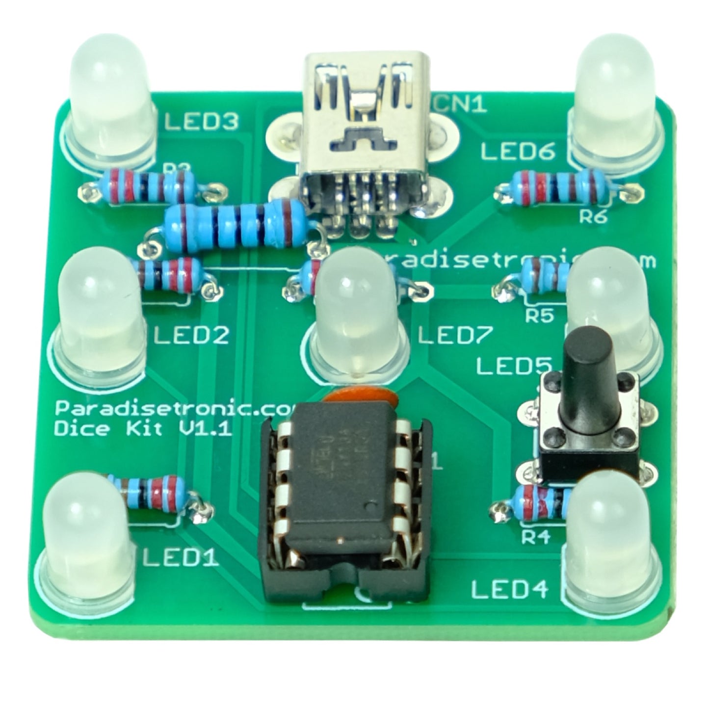 Dice Kit by Paradisetronic.com with green PCB, diffuse LEDs and Atmel AVR Microcontroller