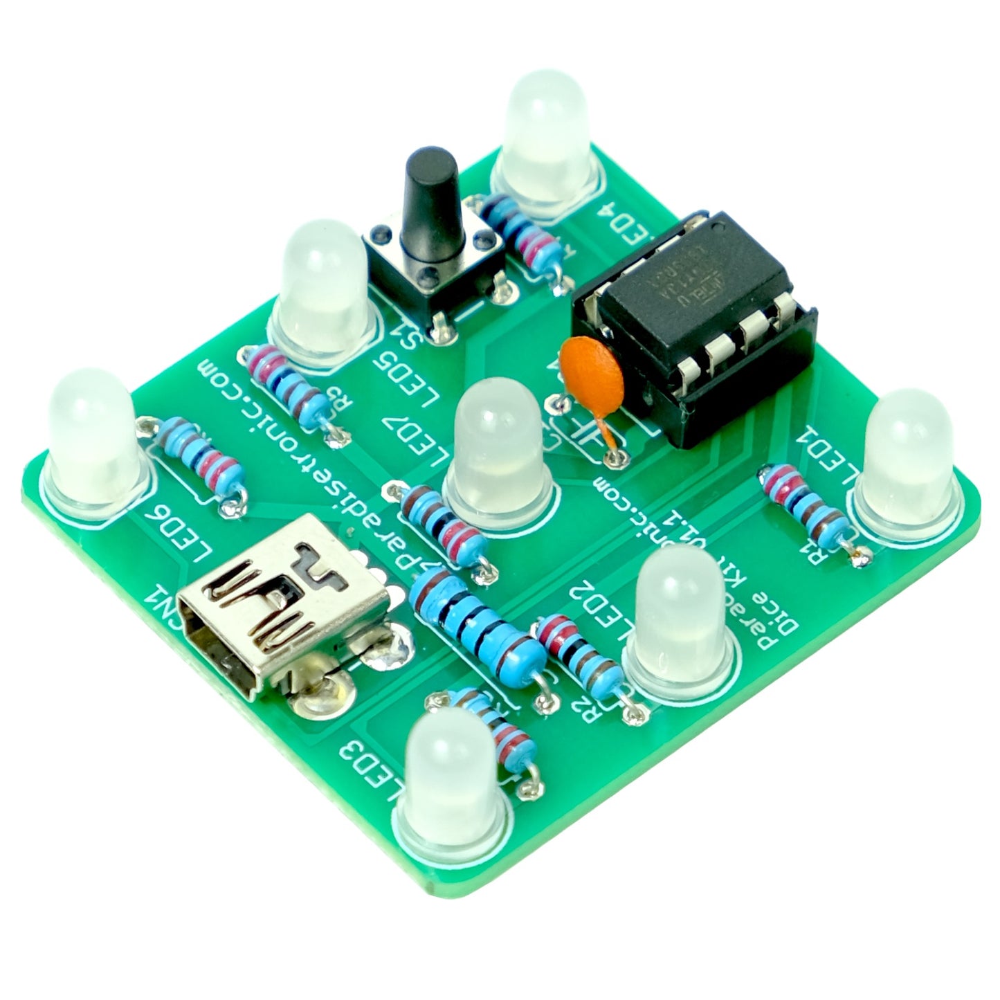 Dice Kit by Paradisetronic.com with green PCB, diffuse LEDs and Atmel AVR Microcontroller